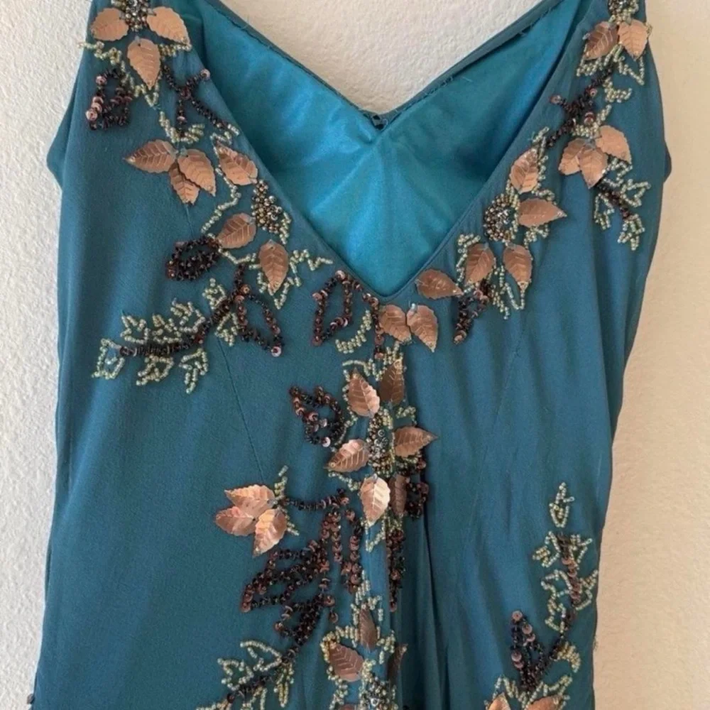 Vintage Sue Wong 100% Silk Teal Floral Beaded Dress - Picture 3 of 8
